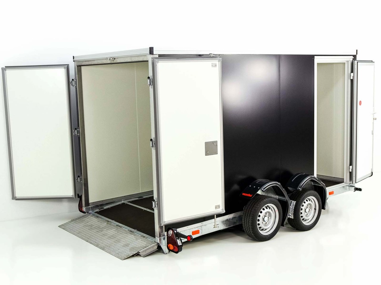 Vezeko Koffer-Absenkanhänger 157 x 344 cm Höhe 190 cm 2,7t, Tür, E-Pumpe, schwarz